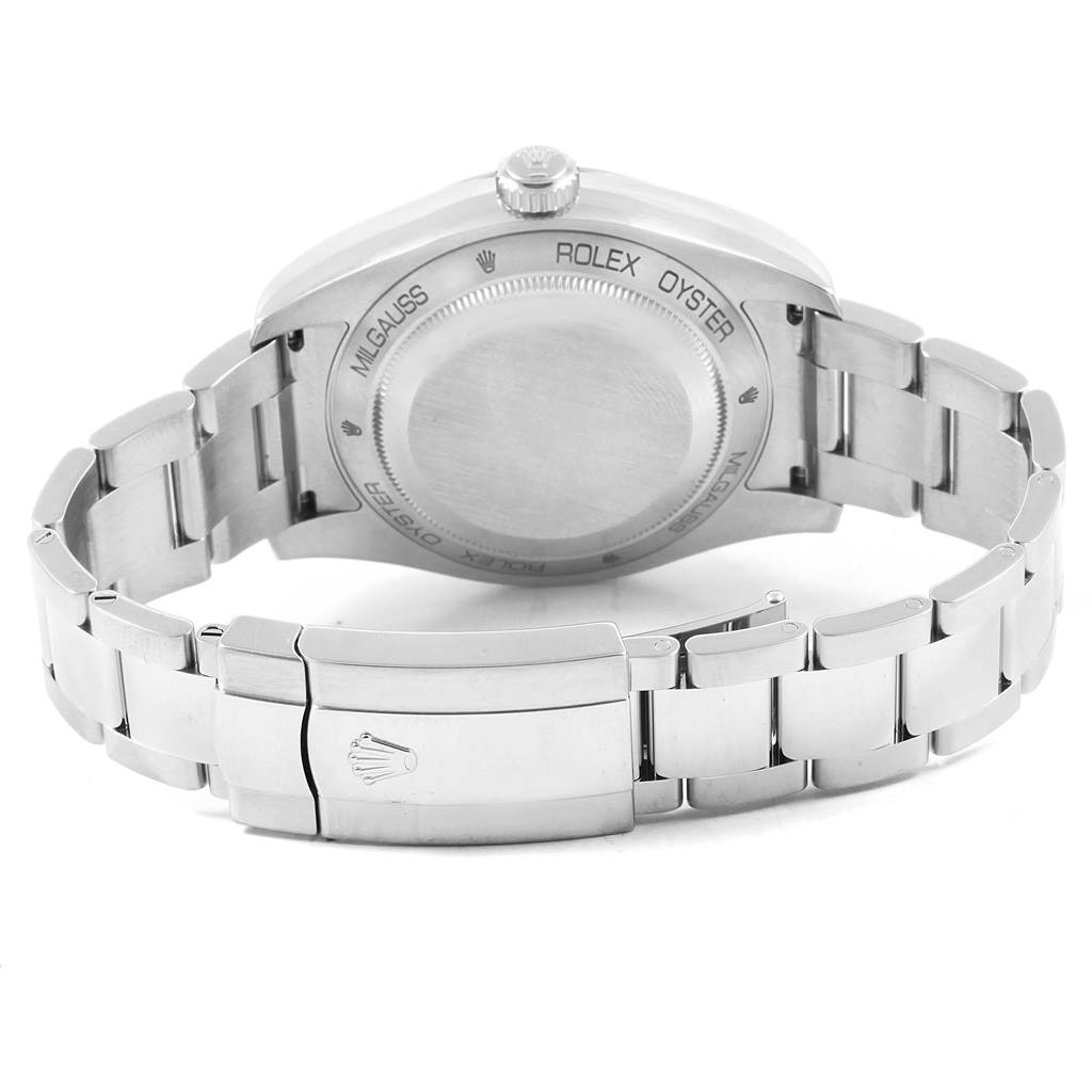 The image shows the back view of a Rolex Milgauss 116400V Men's Stainless Steel Blue Dial 116400V Men's Stainless Steel Blue Dial watch, highlighting the case back, bracelet, and clasp.