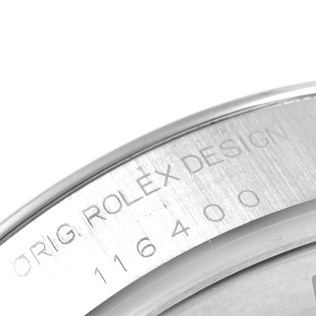 This image shows a close-up angle of the case back edge featuring the engraving on a Rolex Milgauss 116400V Men's Stainless Steel Blue Dial 116400V Men's Stainless Steel Blue Dial model.
