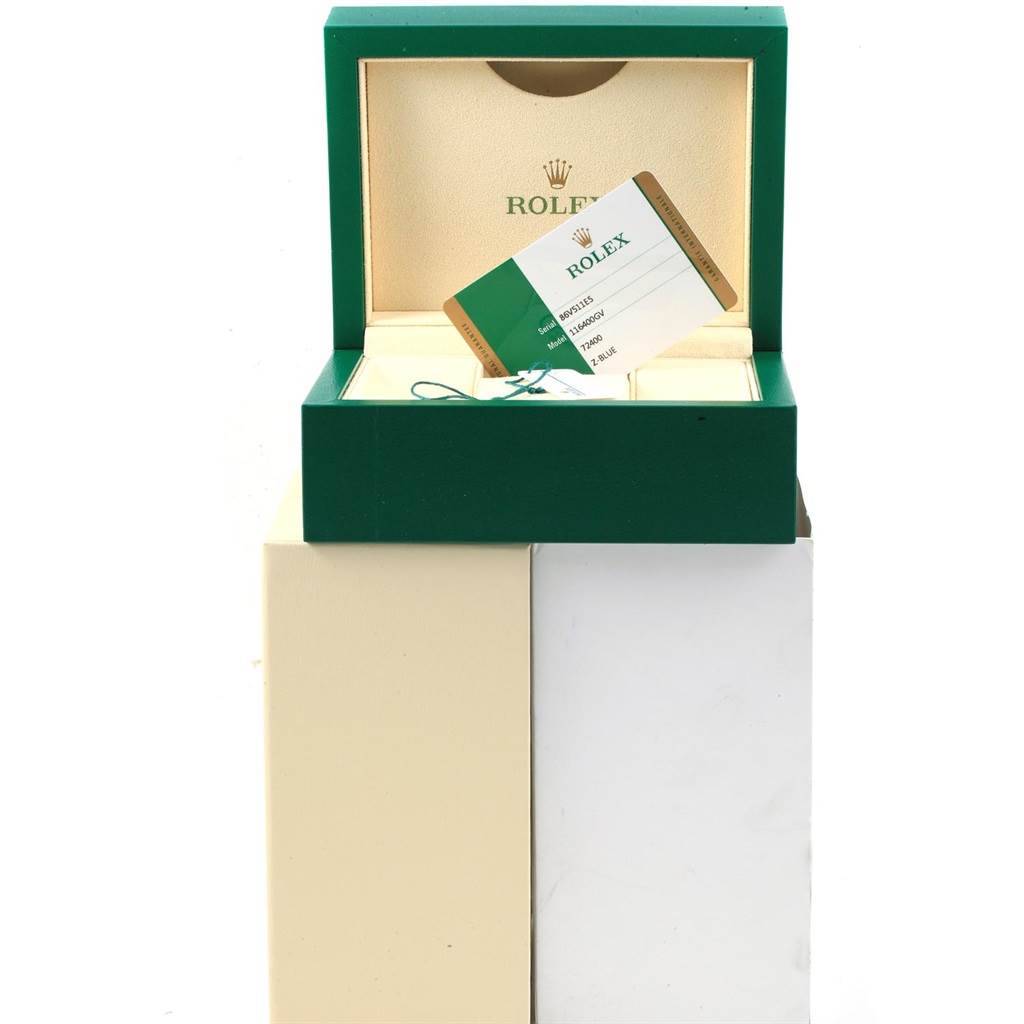 The image shows a Rolex Milgauss 116400V Men's Stainless Steel Blue Dial 116400V Men's Stainless Steel Blue Dial watch box and warranty card, viewed from the front with the box open.