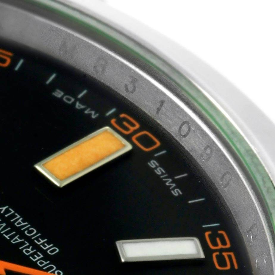 This close-up shows the dial and chapter ring of a Rolex Milgauss 116400V Men's Stainless Steel Black Dial 116400V Men's Stainless Steel Black Dial watch, focusing on the 30-second mark and surrounding details.