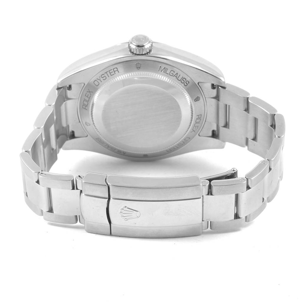 The image shows the back and bracelet of a Rolex Milgauss 116400V Men's Stainless Steel Black Dial 116400V Men's Stainless Steel Black Dial watch from a slightly angled rear view.