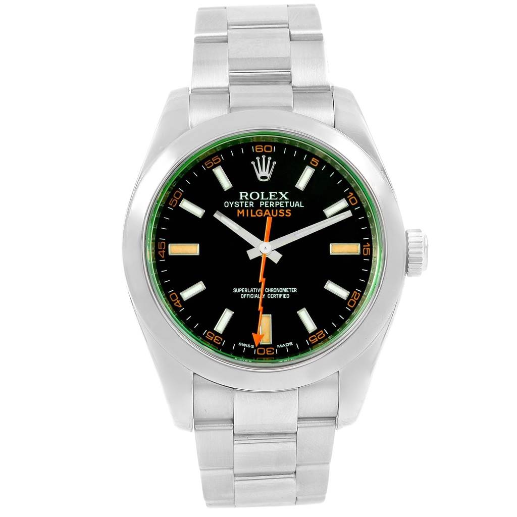 The image shows a front view of a Rolex Milgauss 116400V Men's Stainless Steel Black Dial 116400V Men's Stainless Steel Black Dial watch, highlighting its dial, bezel, case, and bracelet.