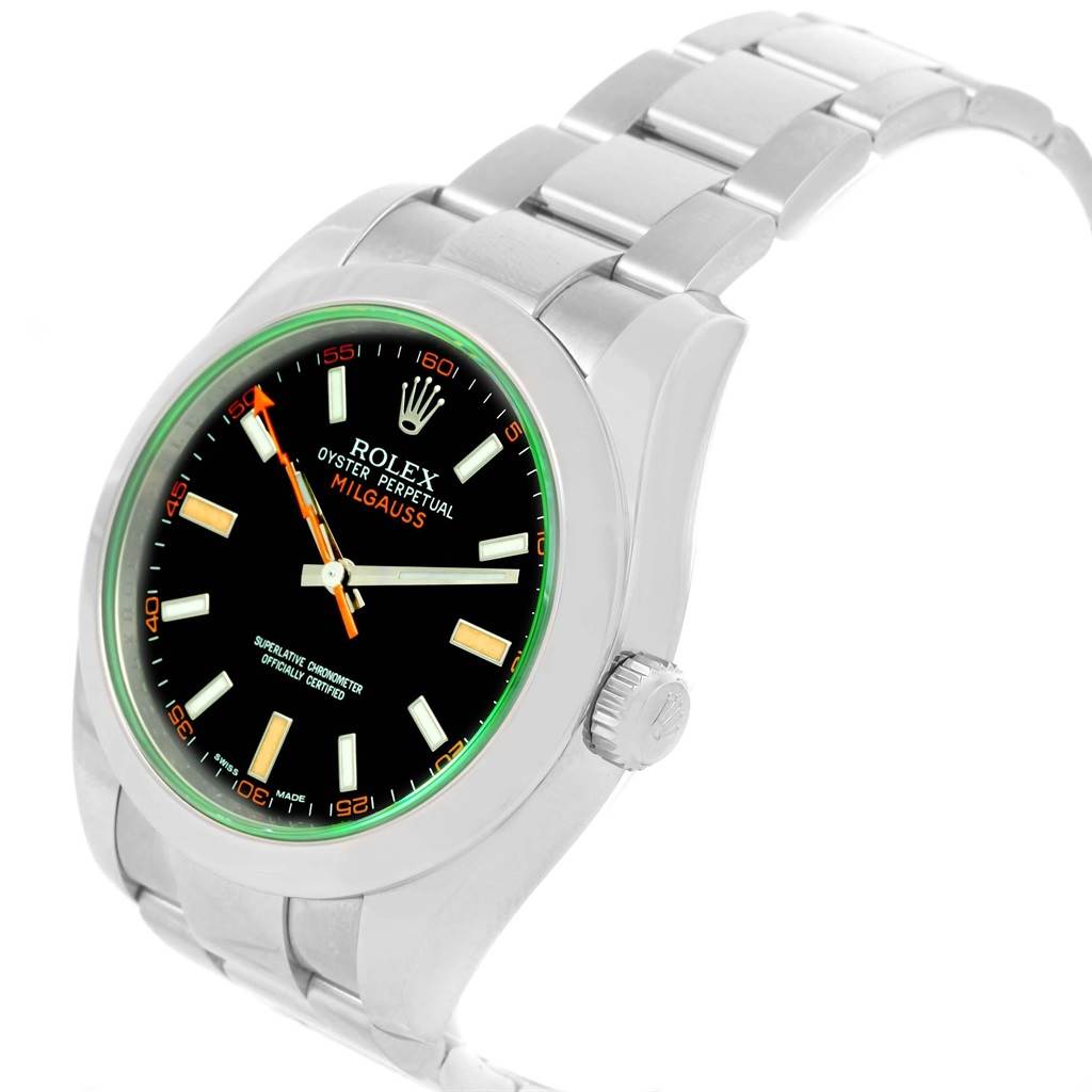 The image shows a Rolex Milgauss 116400V Men's Stainless Steel Black Dial 116400V Men's Stainless Steel Black Dial watch at a three-quarter angle, highlighting the face, bezel, crown, and part of the bracelet.