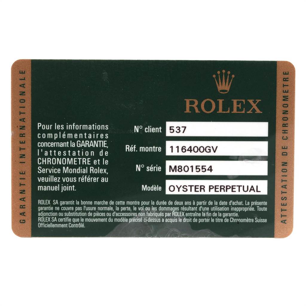 This image shows a warranty card for the Rolex Milgauss 116400V Men's Stainless Steel Black Dial 116400V Men's Stainless Steel Black Dial model, indicating the model number, series number, and other details.