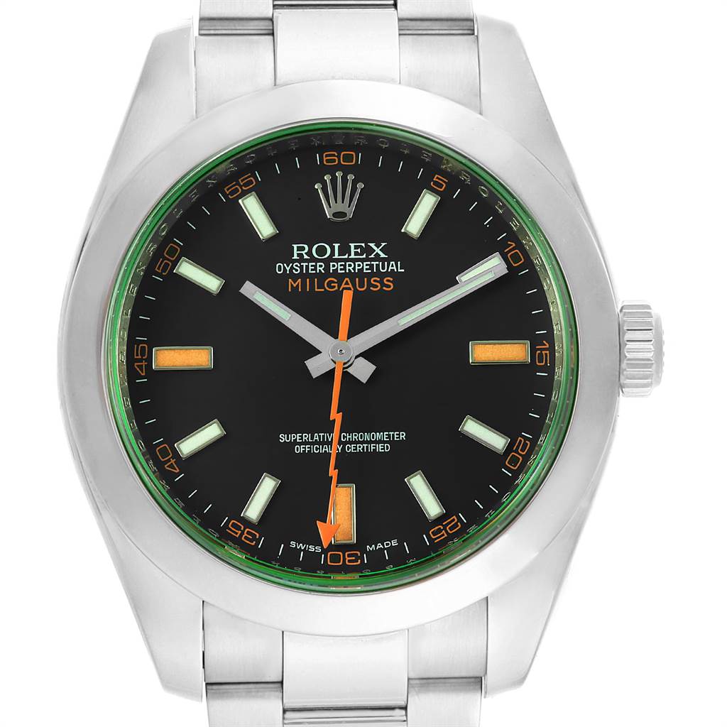 The image shows a front view of the Rolex Milgauss 116400V Men's Stainless Steel Black Dial 116400V Men's Stainless Steel Black Dial watch, highlighting its dial, crown, and bracelet.