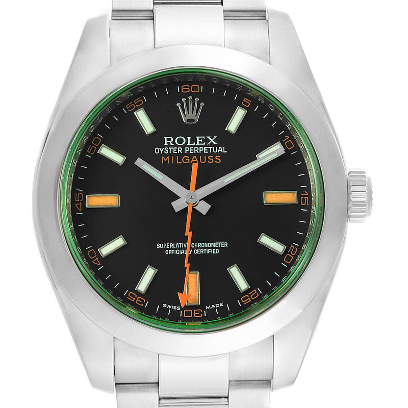 Rolex Milgauss Black Dial Green Crystal Mens Watch 116400V Box Card SwissWatchExpo