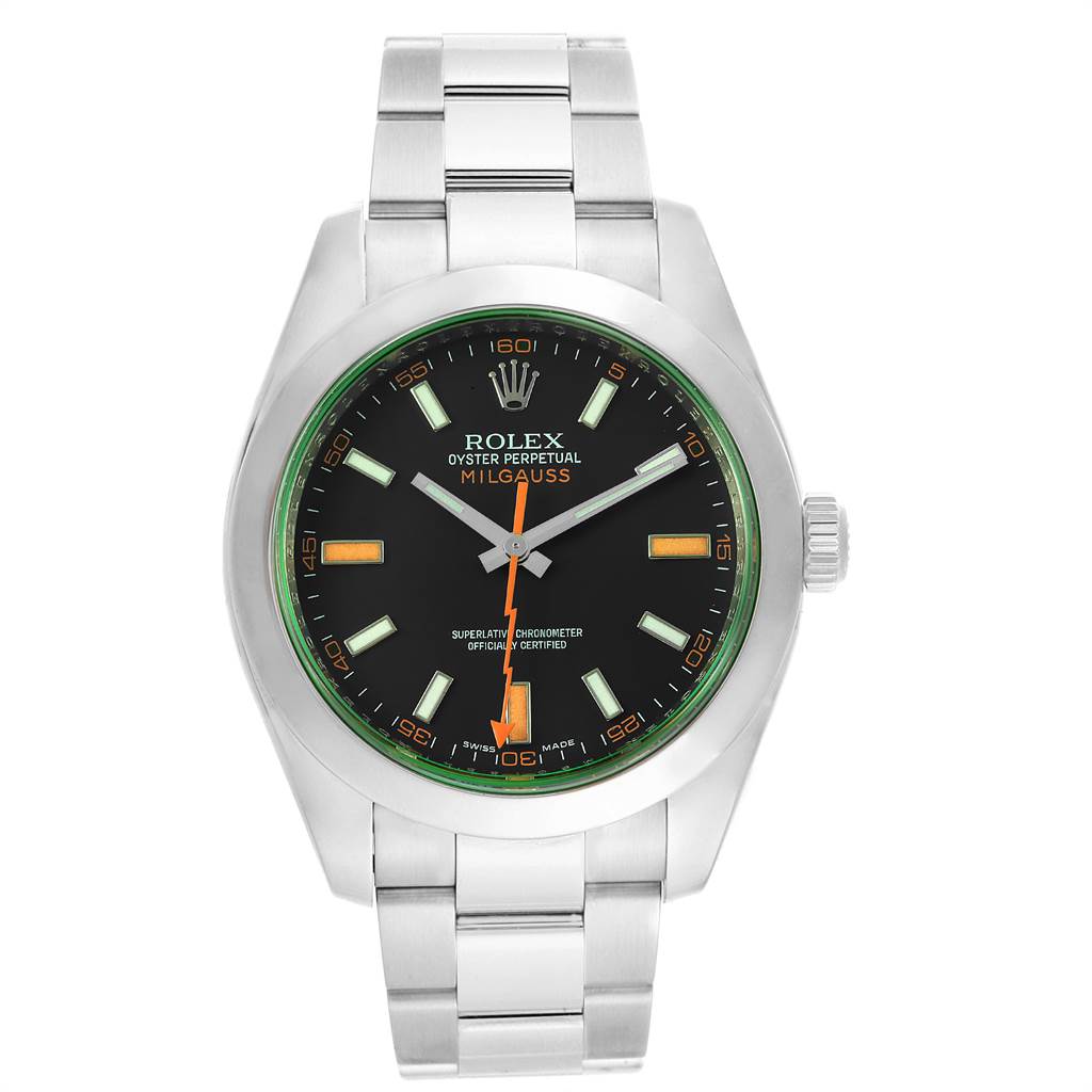 The Rolex Milgauss 116400V Men's Stainless Steel Black Dial 116400V Men's Stainless Steel Black Dial watch is shown from the front, displaying the dial, bezel, crown, and bracelet.