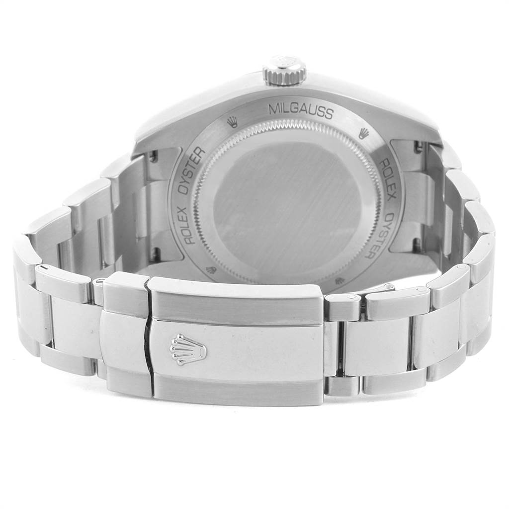 The image shows the back case, bracelet, and clasp of a Rolex Milgauss 116400V Men's Stainless Steel Black Dial 116400V Men's Stainless Steel Black Dial watch from a rear angle.