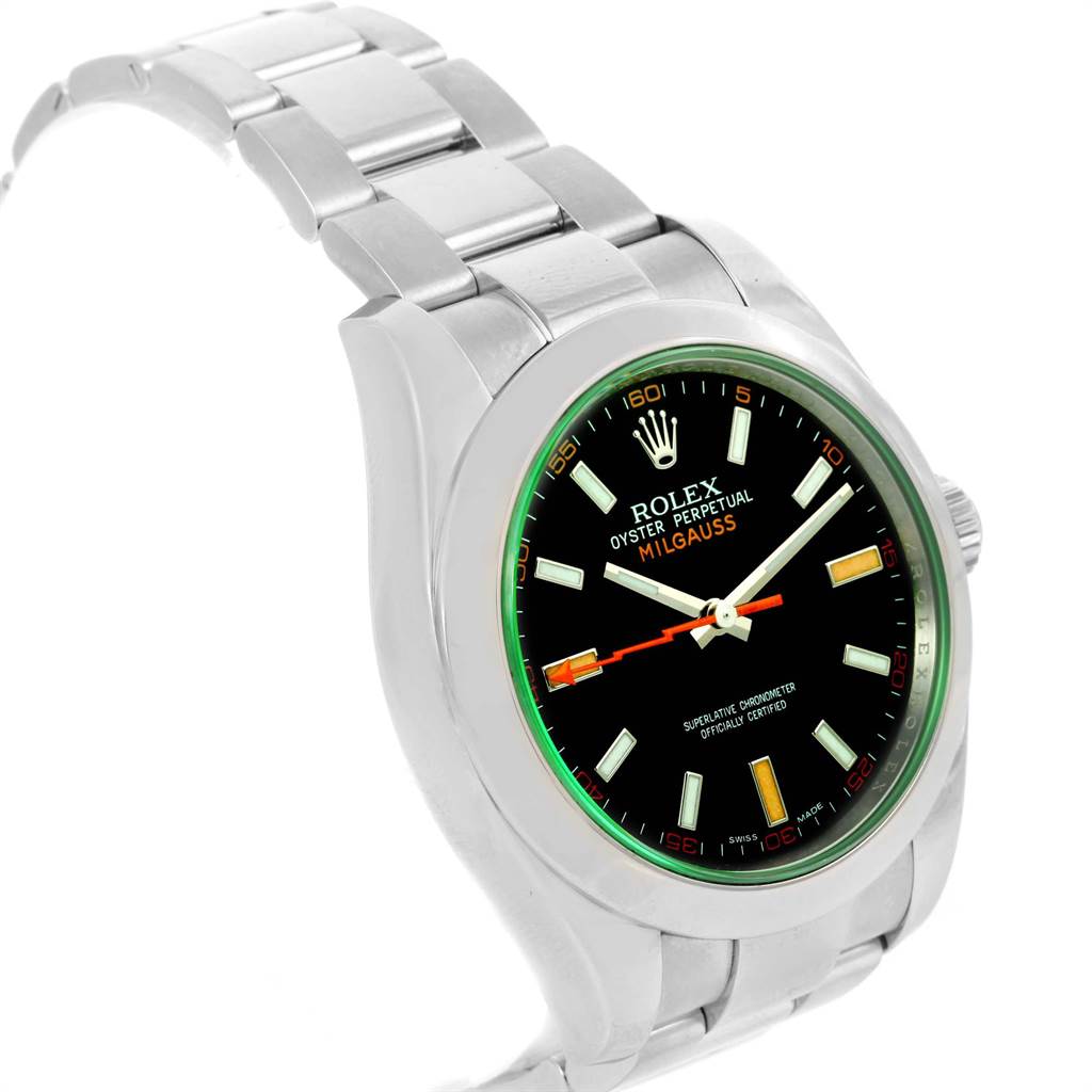 The image shows a side-front angle of the Rolex Milgauss 116400V Men's Stainless Steel Black Dial 116400V Men's Stainless Steel Black Dial watch, highlighting its face, bezel, and part of the bracelet.