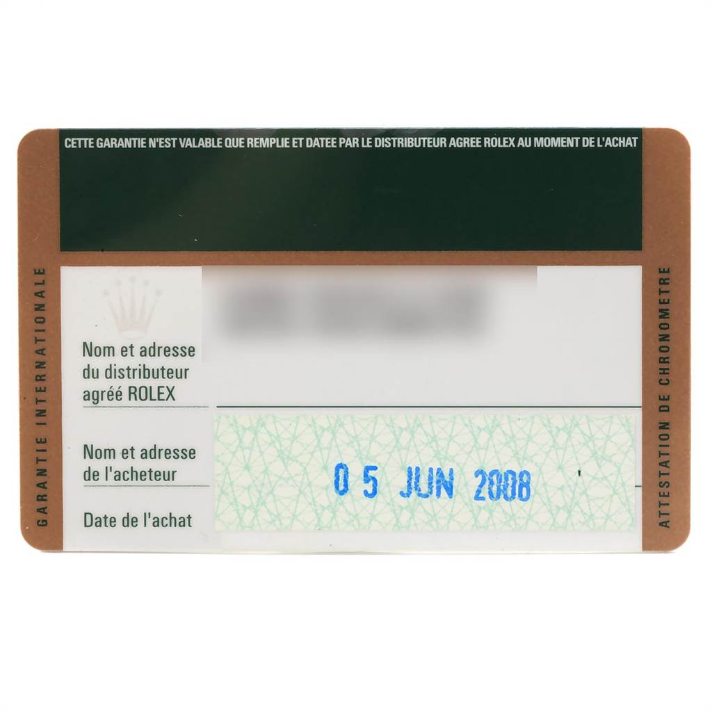 The image shows an international warranty card for the Rolex Milgauss 116400V Men's Stainless Steel Black Dial 116400V Men's Stainless Steel Black Dial watch, dated June 5, 2008.