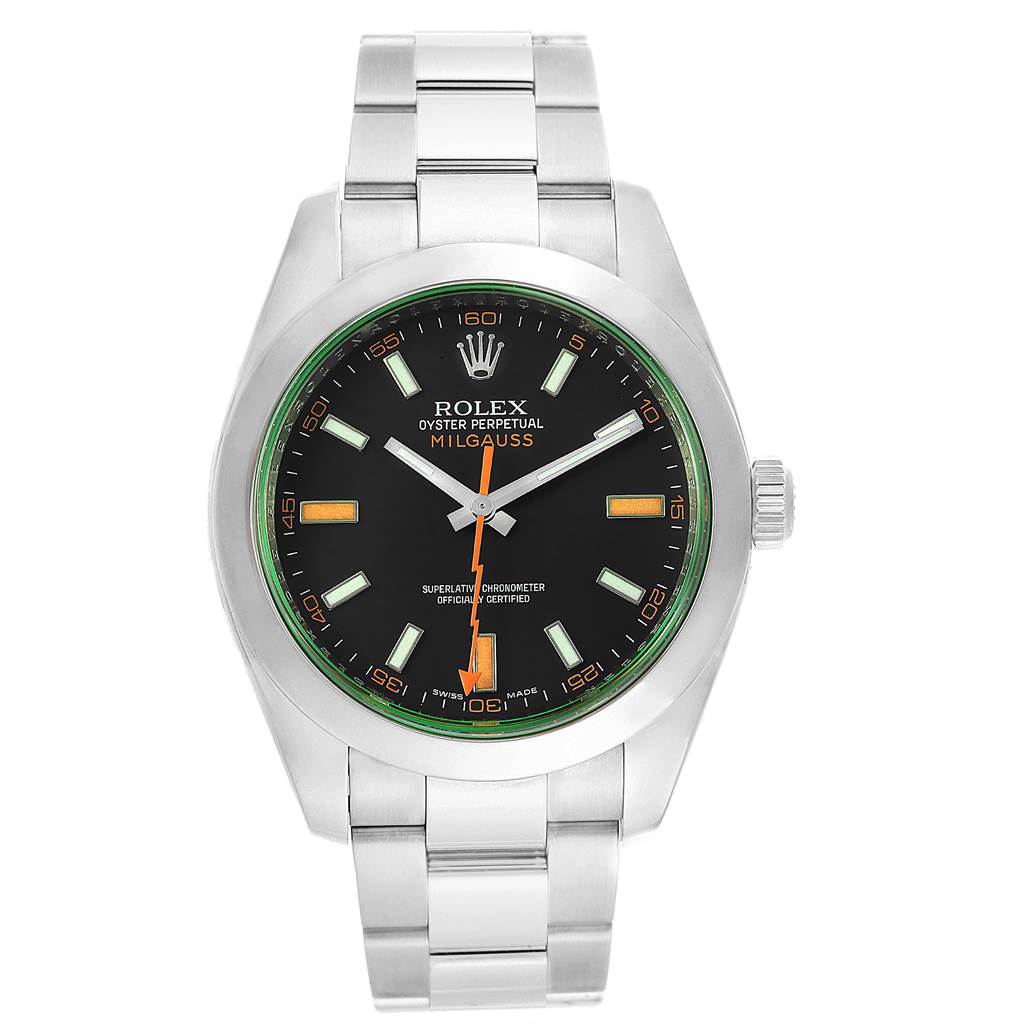 This image shows a front view of a Rolex Milgauss 116400V Men's Stainless Steel Black Dial 116400V Men's Stainless Steel Black Dial watch, featuring its dial, hands, and bracelet.