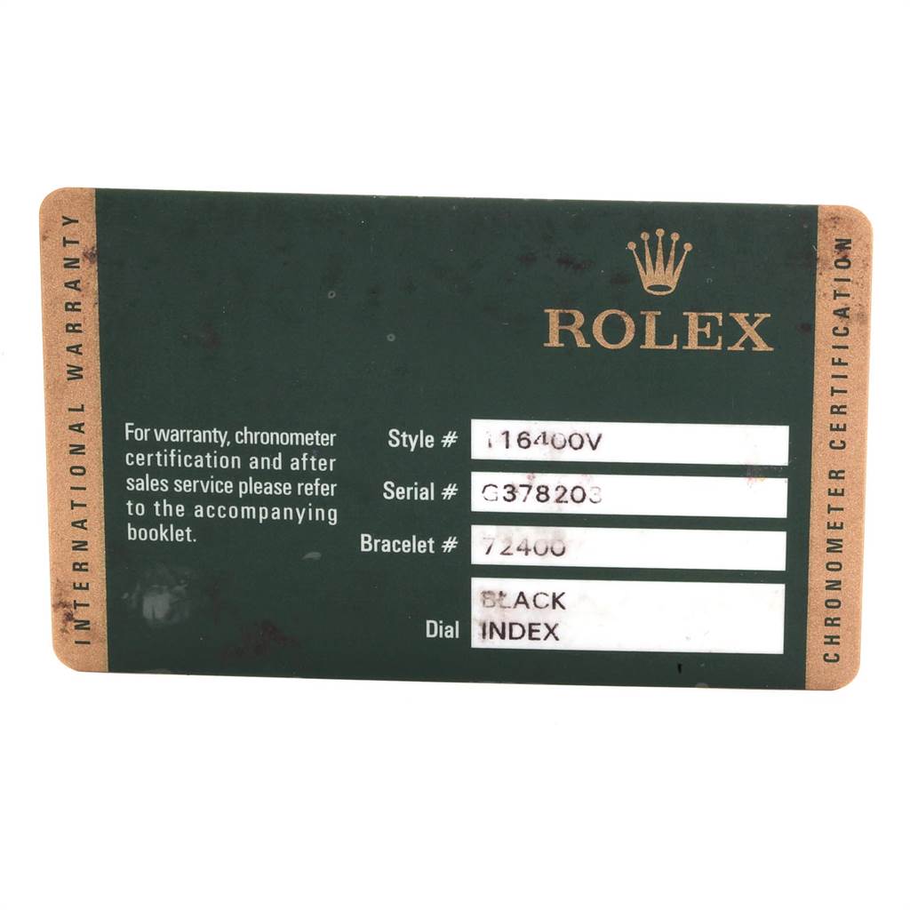 This image displays a warranty card for the Rolex Milgauss 116400V Men's Stainless Steel Black Dial 116400V Men's Stainless Steel Black Dial model, featuring details like style, serial, bracelet numbers, and dial type.