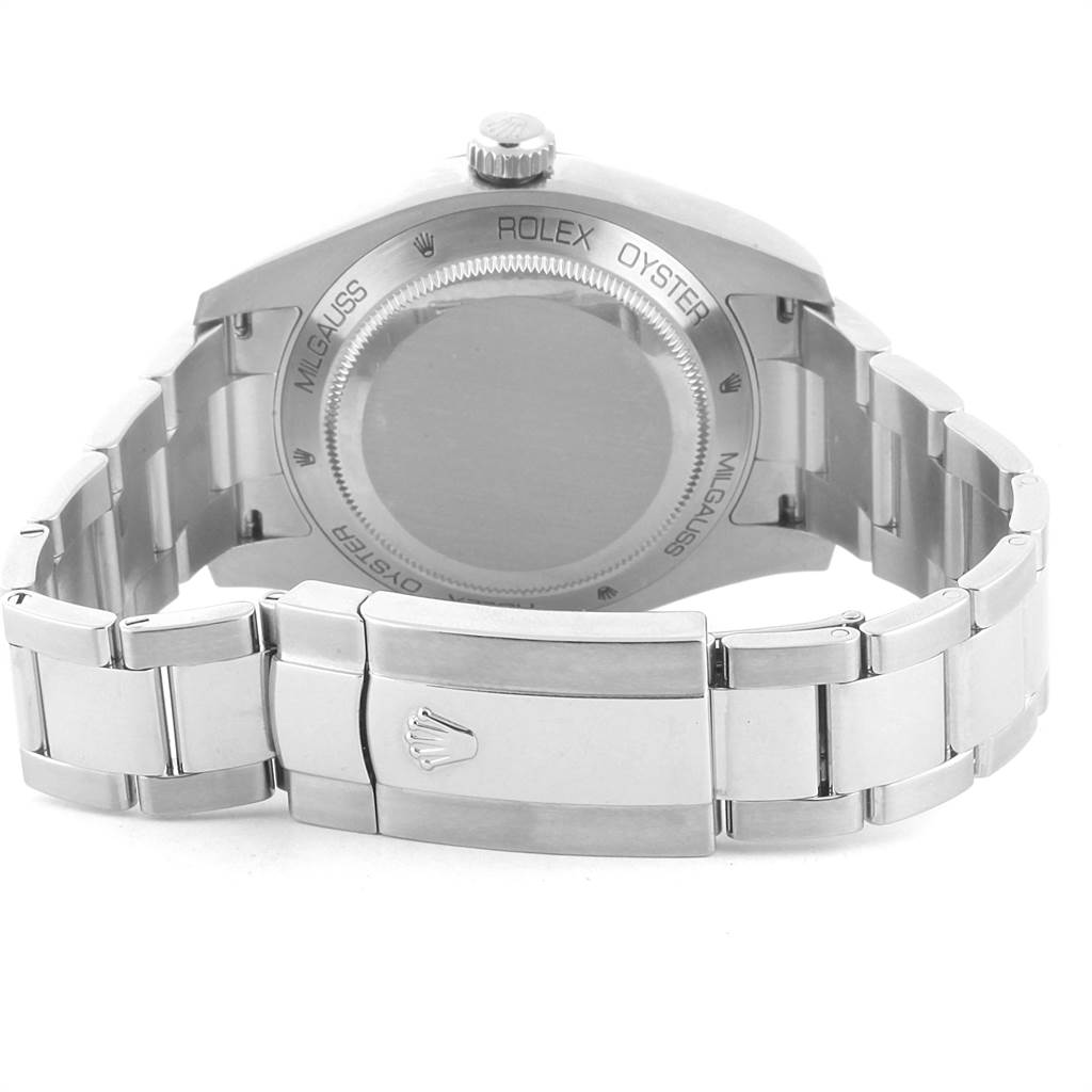 The image shows the back of the Rolex Milgauss 116400V Men's Stainless Steel Black Dial 116400V Men's Stainless Steel Black Dial watch, highlighting the case back and bracelet.