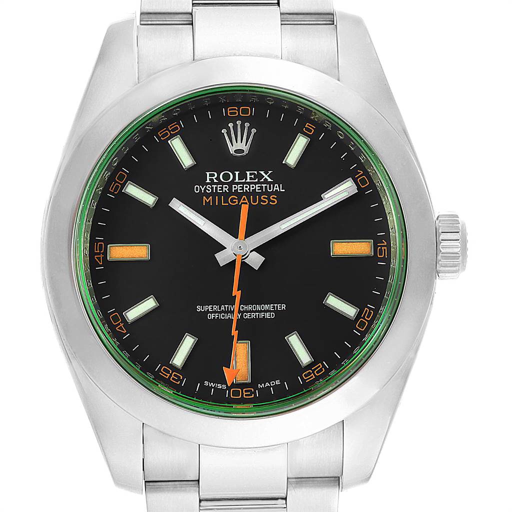 This is a front view of a Rolex Milgauss 116400V Men's Stainless Steel Black Dial 116400V Men's Stainless Steel Black Dial watch, showcasing its black dial, orange lightning-bolt second hand, and stainless steel bracelet.