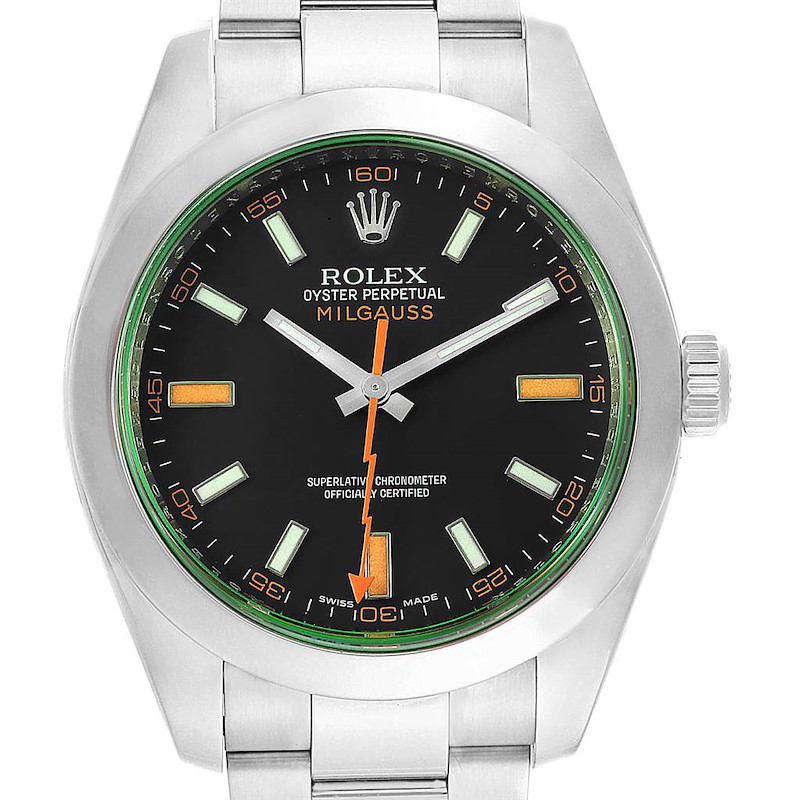 Rolex Milgauss Green Crystal Steel Mens Watch 116400V Box Card SwissWatchExpo
