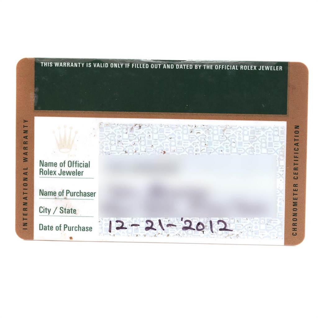 This is an image of an International Warranty card for a Rolex Milgauss 116400V Men's Stainless Steel Black Dial 116400V Men's Stainless Steel Black Dial watch, showing purchase details and certification.