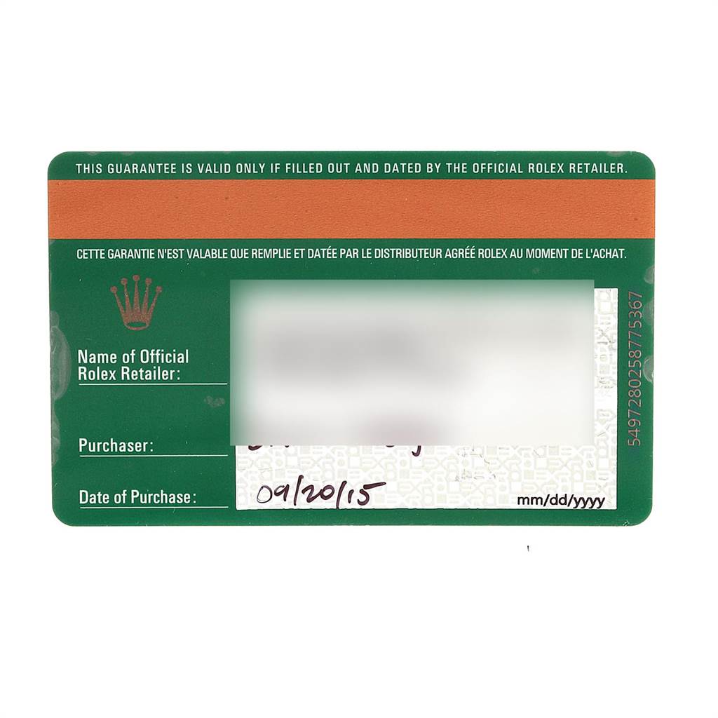 This image shows a guarantee card for the Rolex Milgauss 116400GV Men's Stainless Steel Blue Dial 116400GV Men's Stainless Steel Blue Dial model, featuring details like retailer name, purchaser, and date of purchase.