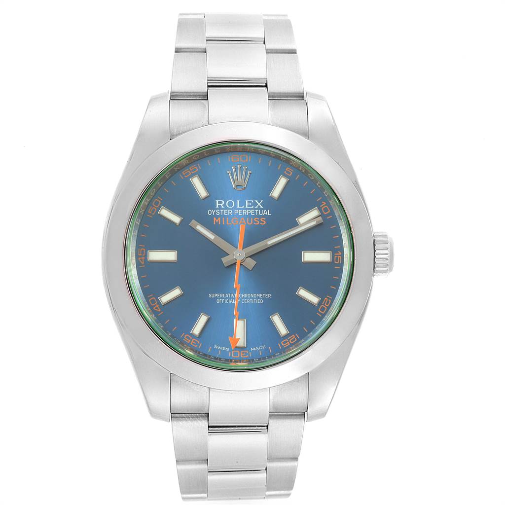 This Rolex Milgauss 116400GV Men's Stainless Steel Blue Dial 116400GV Men's Stainless Steel Blue Dial watch is shown from the front, displaying its face, dial, hands, case, and bracelet.