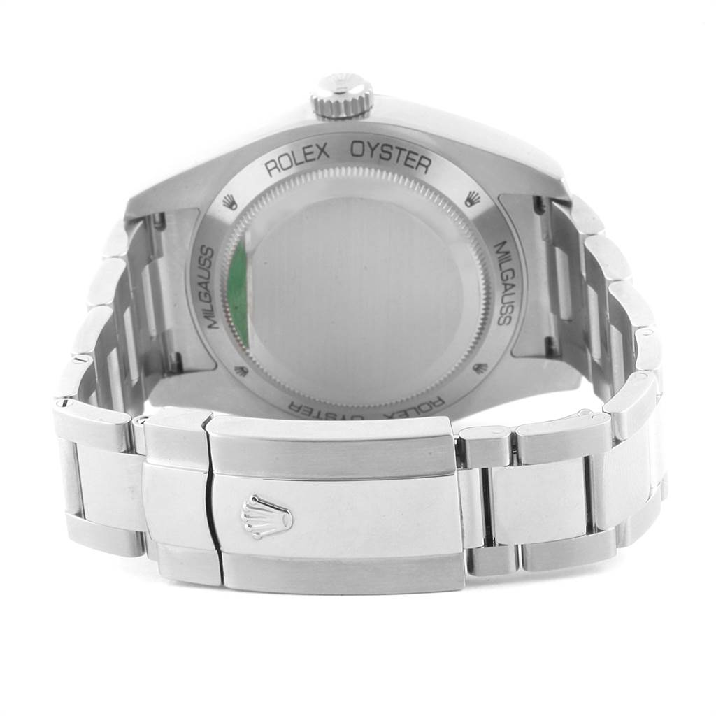 The image shows the back case and bracelet clasp of a Rolex Milgauss 116400GV Men's Stainless Steel Blue Dial 116400GV Men's Stainless Steel Blue Dial watch, viewed from the rear.