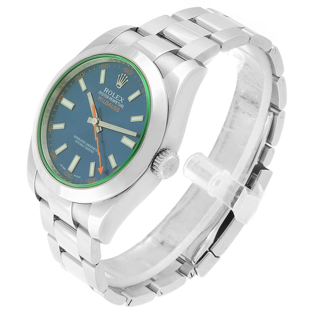 This image shows a side view of the Rolex Milgauss 116400GV Men's Stainless Steel Blue Dial 116400GV Men's Stainless Steel Blue Dial watch, highlighting its blue dial, stainless steel case, and bracelet.