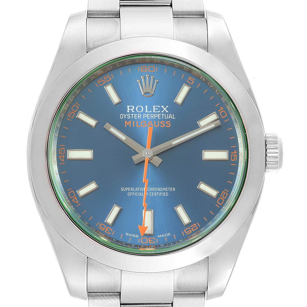 The Rolex Milgauss 116400GV Men's Stainless Steel Blue Dial 116400GV Men's Stainless Steel Blue Dial watch is shown from the front, displaying the dial, hands, crown, and part of the bracelet.