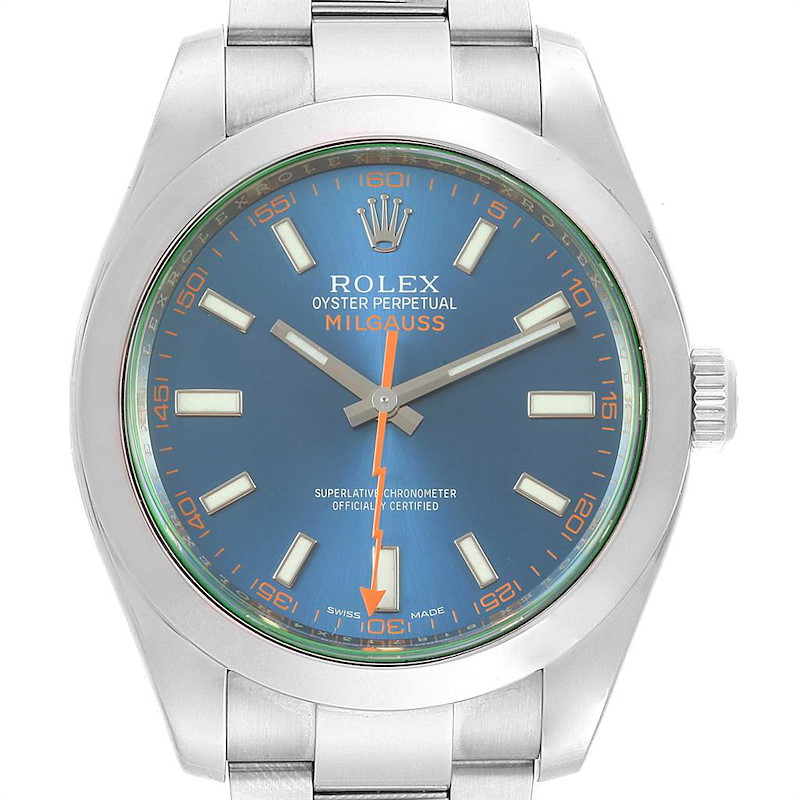 Rolex Milgauss Blue Dial Green Crystal Mens Watch 116400GV Box Card SwissWatchExpo