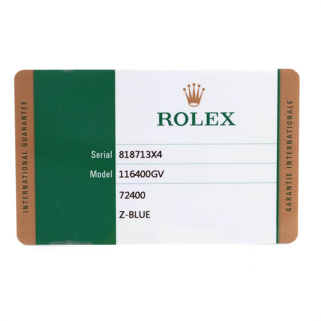 This image shows the international guarantee card for the Rolex Milgauss 116400GV Men's Stainless Steel Blue Dial 116400GV Men's Stainless Steel Blue Dial model 116400GV, listing its serial number and details.