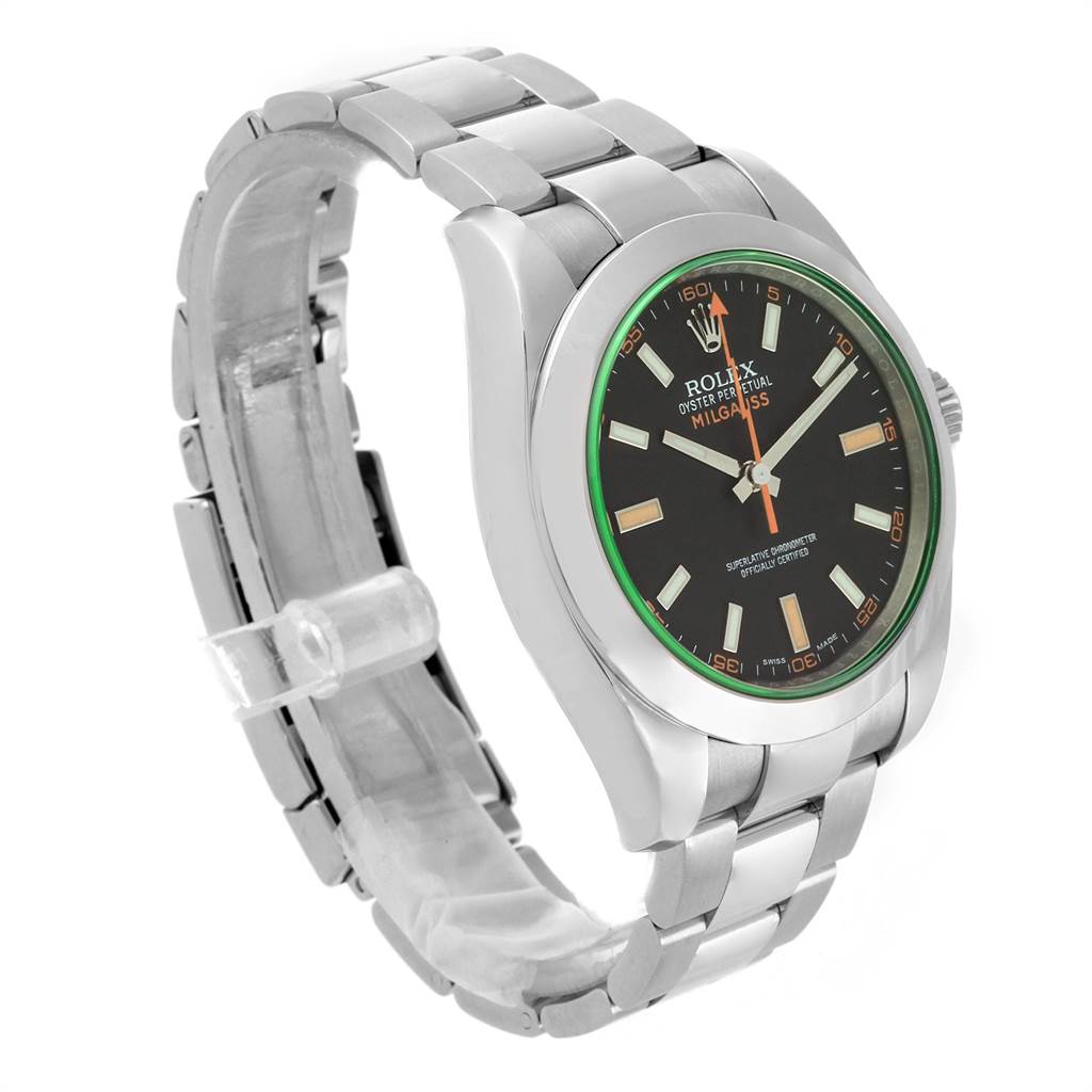 The angled view of the Rolex Milgauss 116400V Men's Stainless Steel Black Dial 116400V Men's Stainless Steel Black Dial watch shows the face, bezel, crown, and metal bracelet.