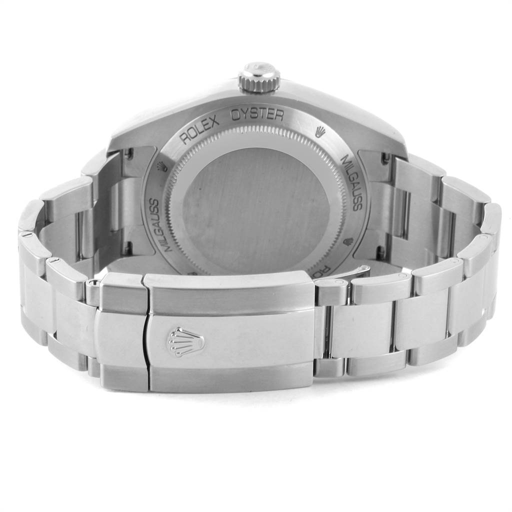 This image shows the back and clasp of a Rolex Milgauss 116400V Men's Stainless Steel Black Dial 116400V Men's Stainless Steel Black Dial watch, highlighting its bracelet and case back.