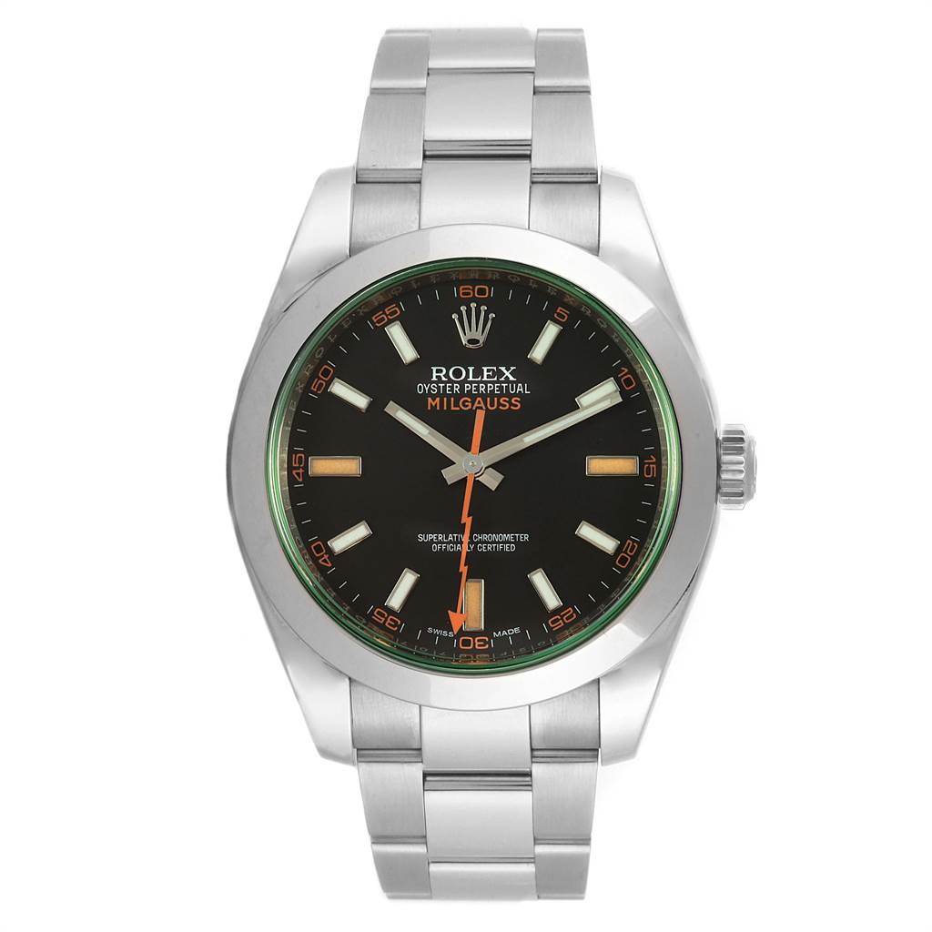 This is a front view of the Rolex Milgauss 116400V Men's Stainless Steel Black Dial 116400V Men's Stainless Steel Black Dial watch, showcasing its dial, bracelet, and bezel.