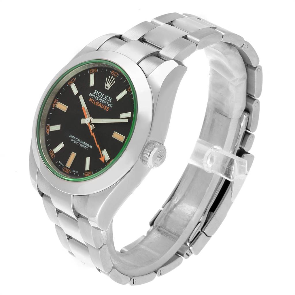 The image shows a side angle of a Rolex Milgauss 116400V Men's Stainless Steel Black Dial 116400V Men's Stainless Steel Black Dial watch, displaying its face, bracelet, and crown.