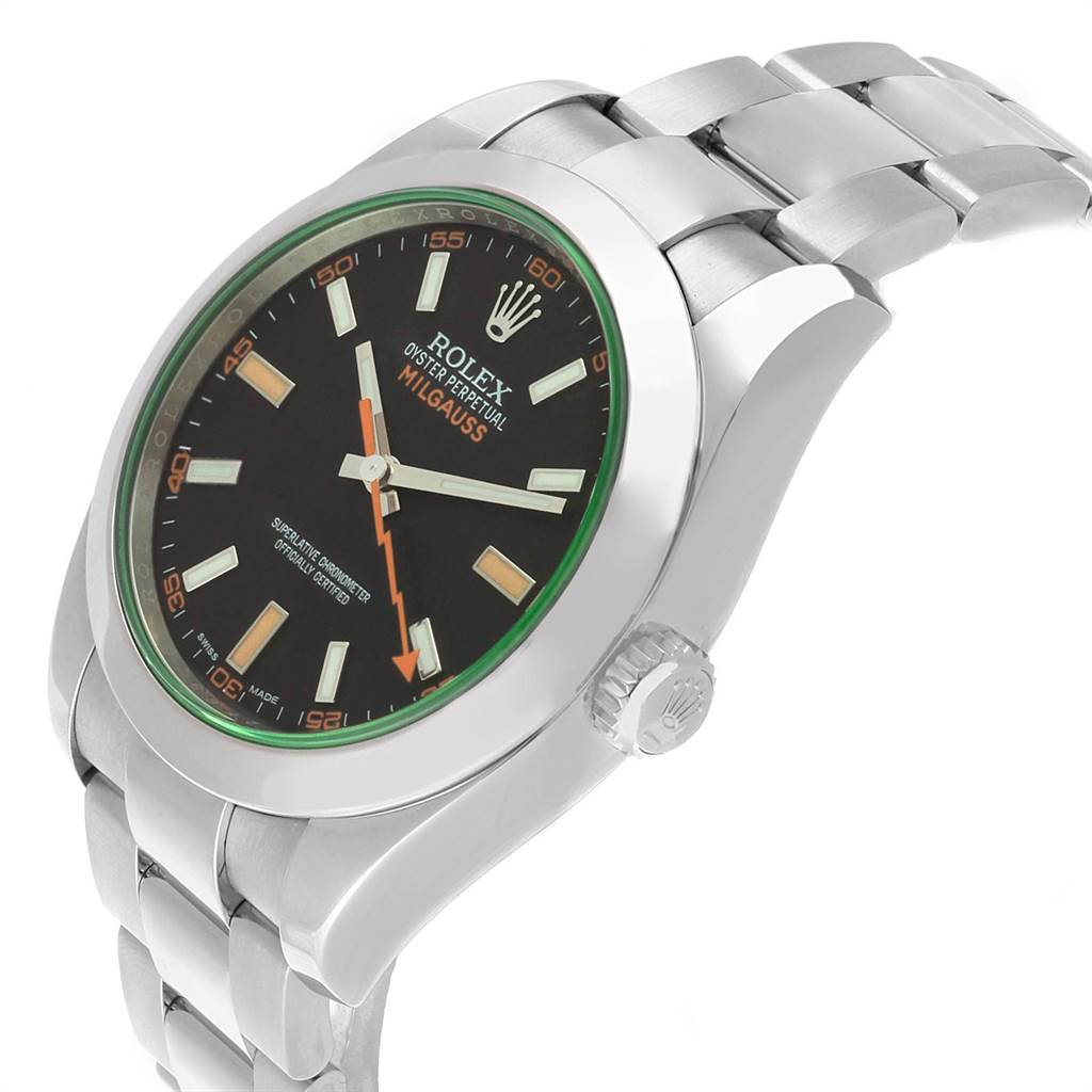 The image shows a side-angle view of the Rolex Milgauss 116400V Men's Stainless Steel Black Dial 116400V Men's Stainless Steel Black Dial watch, highlighting the face, bezel, and part of the bracelet.