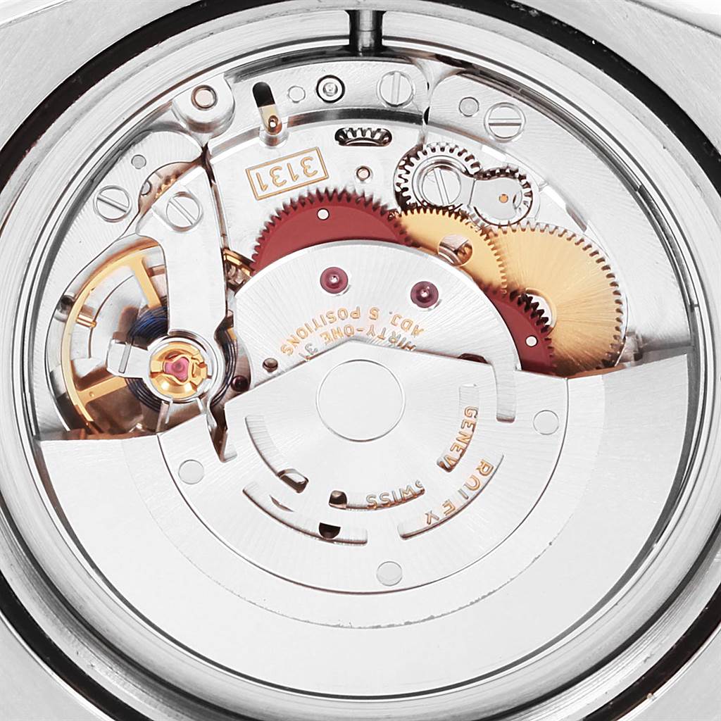 This image shows the internal mechanical movement of the Rolex Milgauss 116400V Men's Stainless Steel Black Dial 116400V Men's Stainless Steel Black Dial model from a close-up angle.