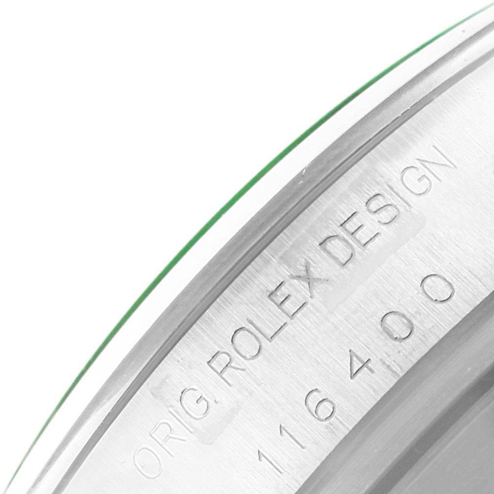 This close-up image shows the engraved side of the case back of a Rolex Milgauss 116400V Men's Stainless Steel Black Dial 116400V Men's Stainless Steel Black Dial model.
