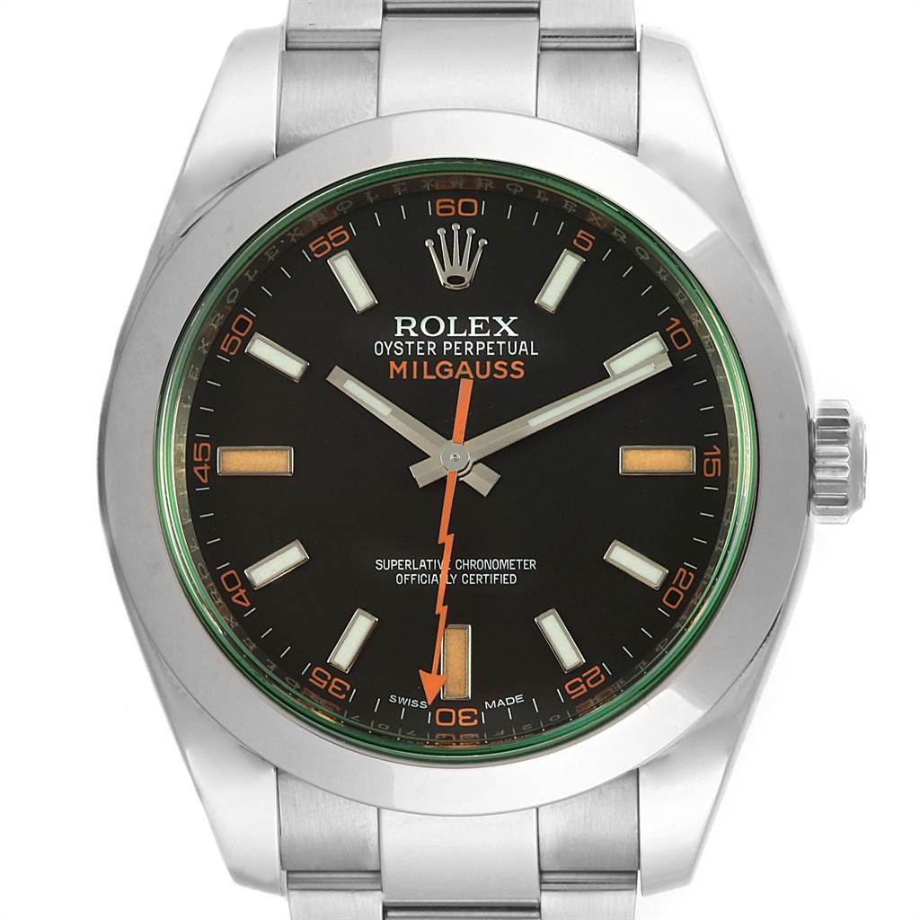 The image shows a front view of a Rolex Milgauss 116400V Men's Stainless Steel Black Dial 116400V Men's Stainless Steel Black Dial watch, highlighting its dial, hands, bezel, and part of the bracelet.