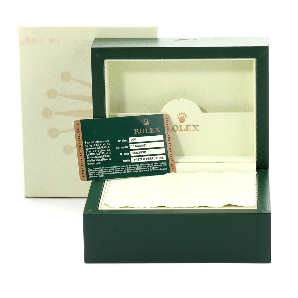 The image shows the packaging box and warranty card of a Rolex Milgauss 116400V Men's Stainless Steel Black Dial 116400V Men's Stainless Steel Black Dial watch, viewed from the front.