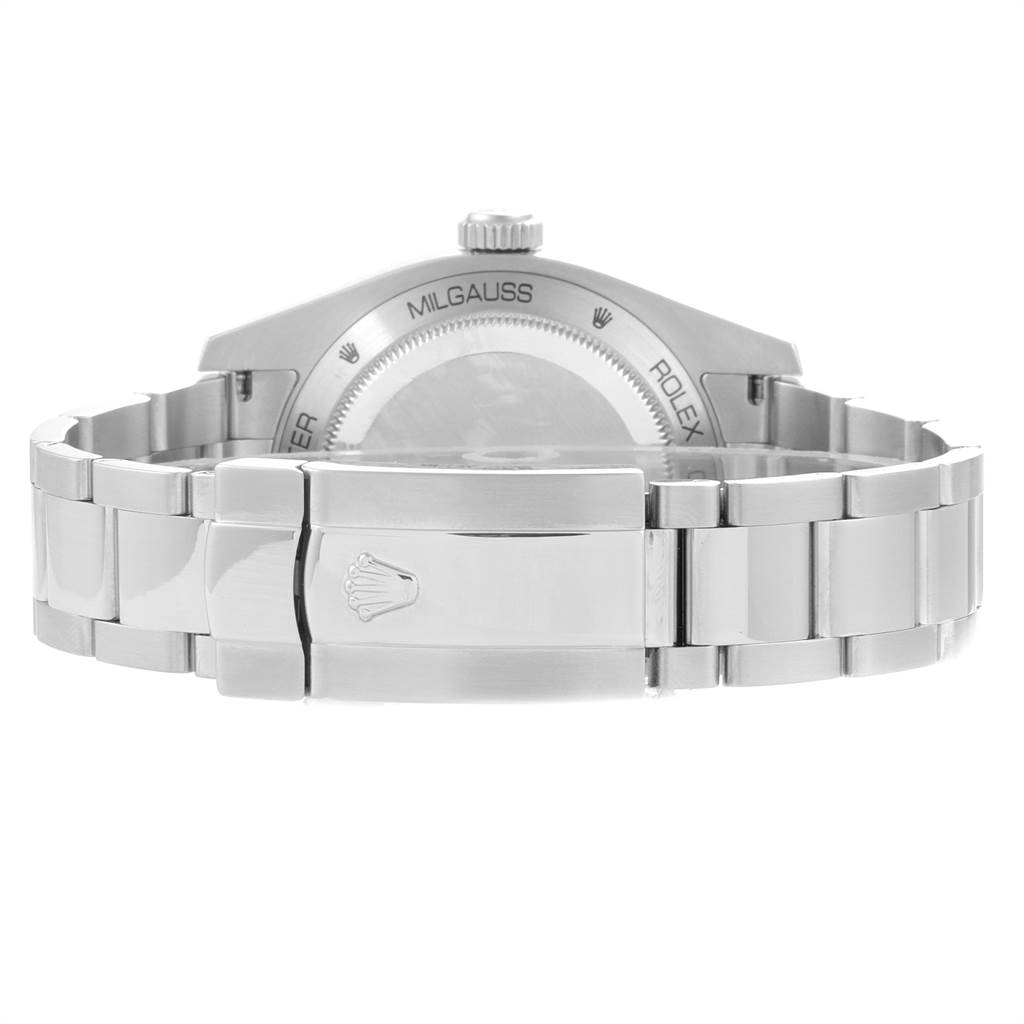 This image shows the back view of a Rolex Milgauss 116400V Men's Stainless Steel Black Dial 116400V Men's Stainless Steel Black Dial watch, highlighting the clasp and a portion of the bracelet.