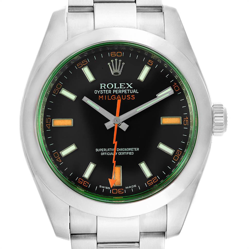 This image shows a front view of a Rolex Milgauss 116400V Men's Stainless Steel Black Dial 116400V Men's Stainless Steel Black Dial watch with a black dial, green sapphire crystal, and stainless steel bracelet.