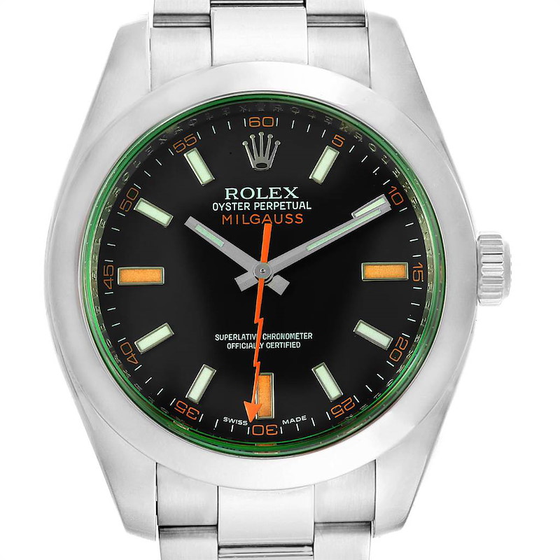 Rolex Milgauss Green Crystal Steel Mens Watch 116400V Box Card SwissWatchExpo