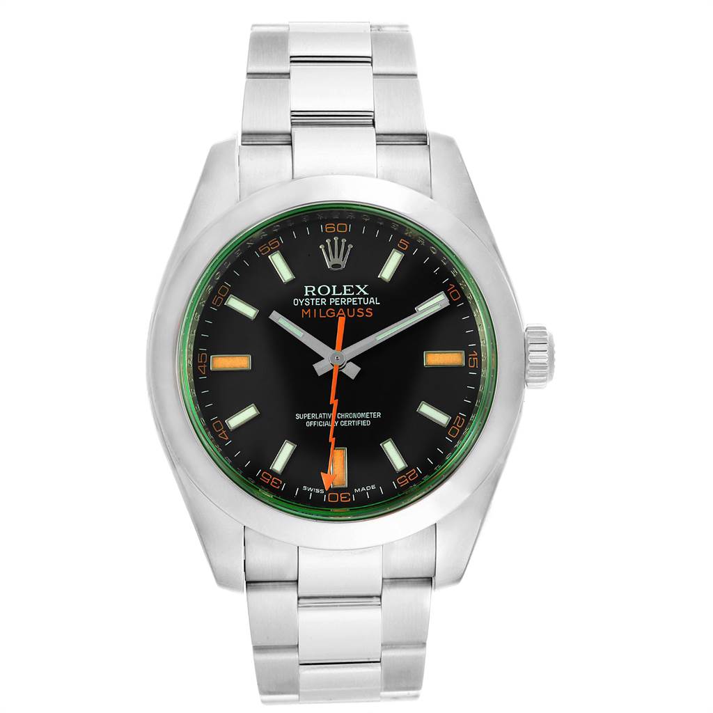 This image shows a front view of a Rolex Milgauss 116400V Men's Stainless Steel Black Dial 116400V Men's Stainless Steel Black Dial watch, highlighting its face, bezel, and bracelet.