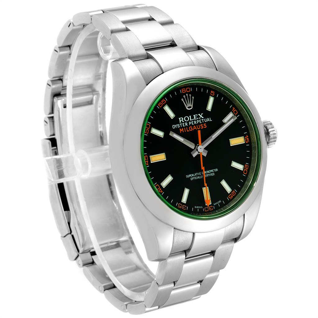 The image shows a Rolex Milgauss 116400V Men's Stainless Steel Black Dial 116400V Men's Stainless Steel Black Dial watch from a three-quarter angle, displaying the face, bezel, crown, and bracelet.