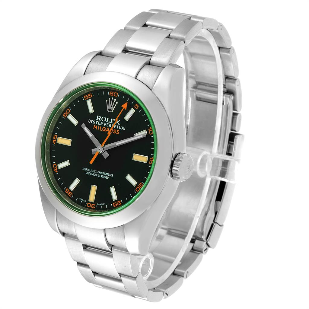 The Rolex Milgauss 116400V Men's Stainless Steel Black Dial 116400V Men's Stainless Steel Black Dial watch is shown from a front angle, highlighting the dial, bracelet, and case.