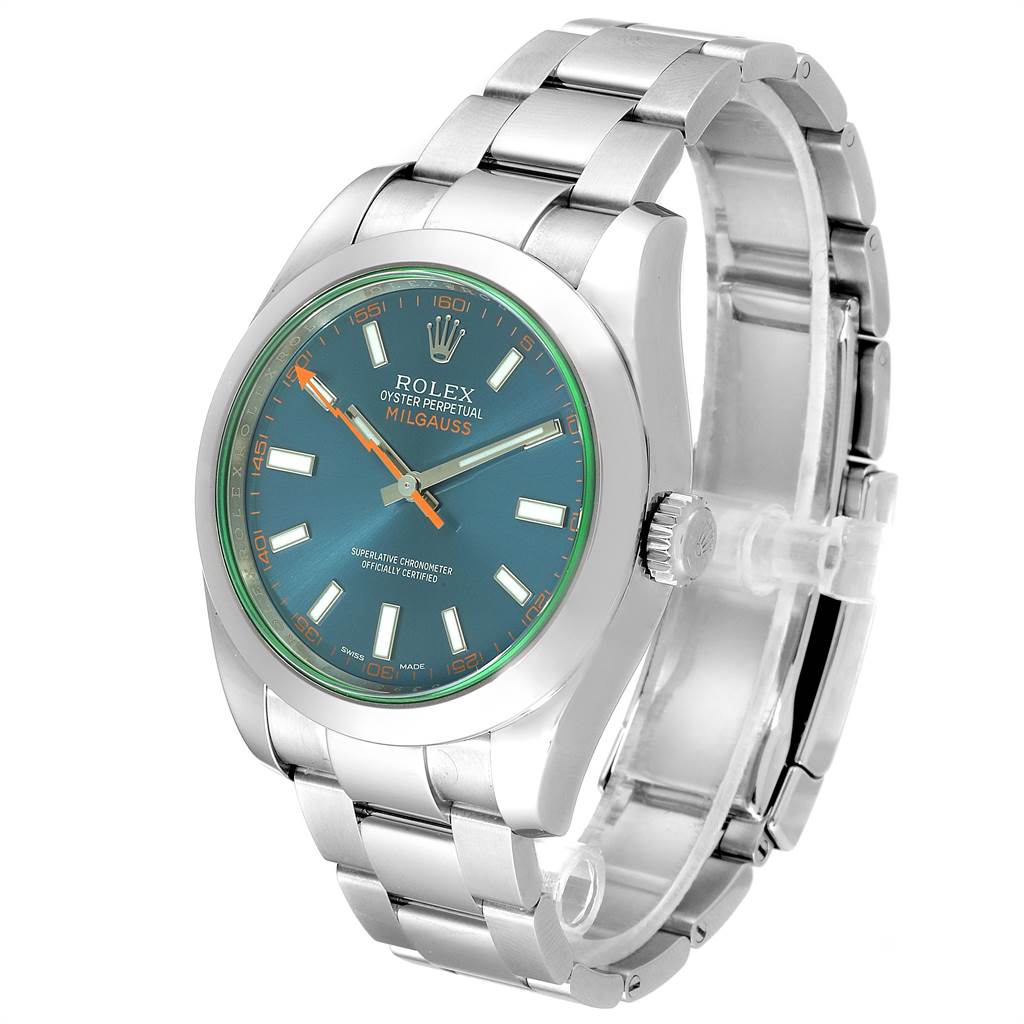 This image shows a Rolex Milgauss 116400GV Men's Stainless Steel Blue Dial 116400GV Men's Stainless Steel Blue Dial watch at a slight angle, highlighting its face, bezel, crown, and stainless steel bracelet.