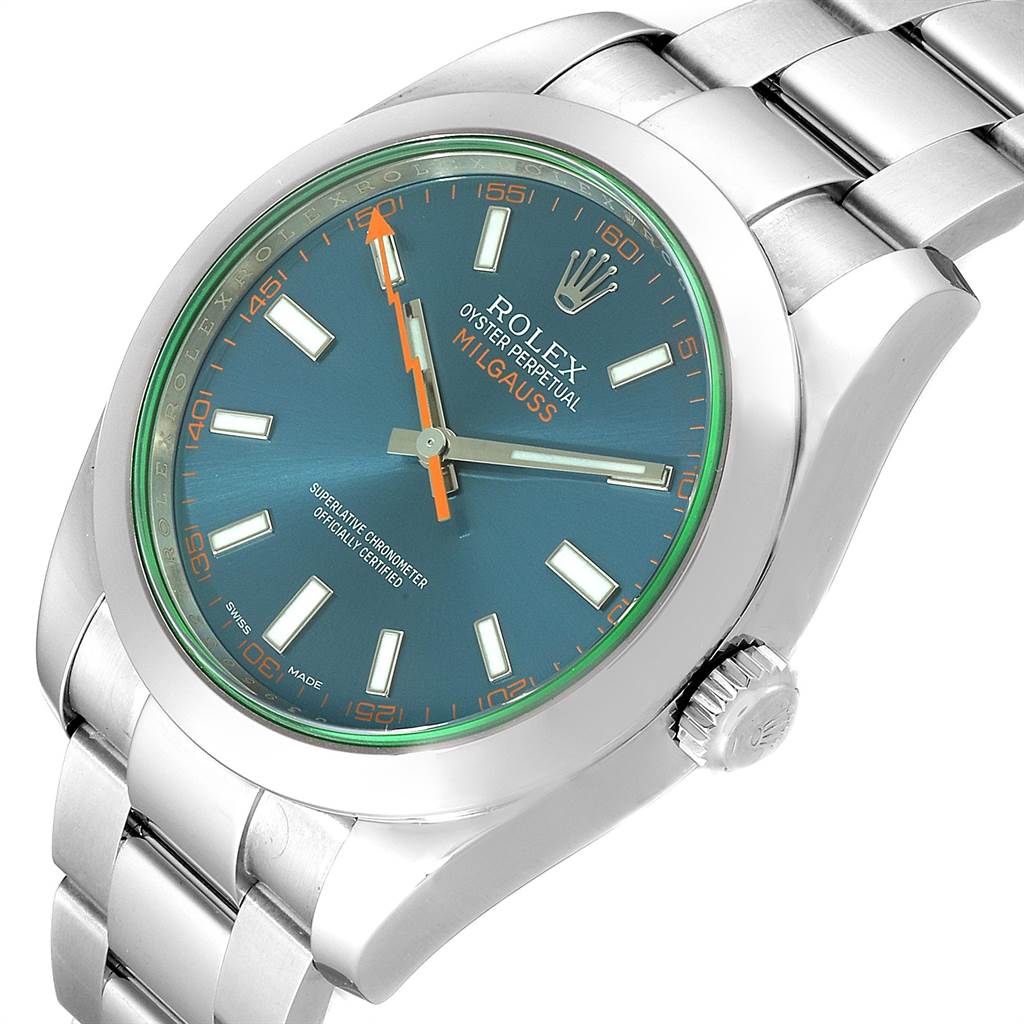 The image shows a Rolex Milgauss 116400GV Men's Stainless Steel Blue Dial 116400GV Men's Stainless Steel Blue Dial watch at an angled view, highlighting the face, bezel, crown, and part of the bracelet.