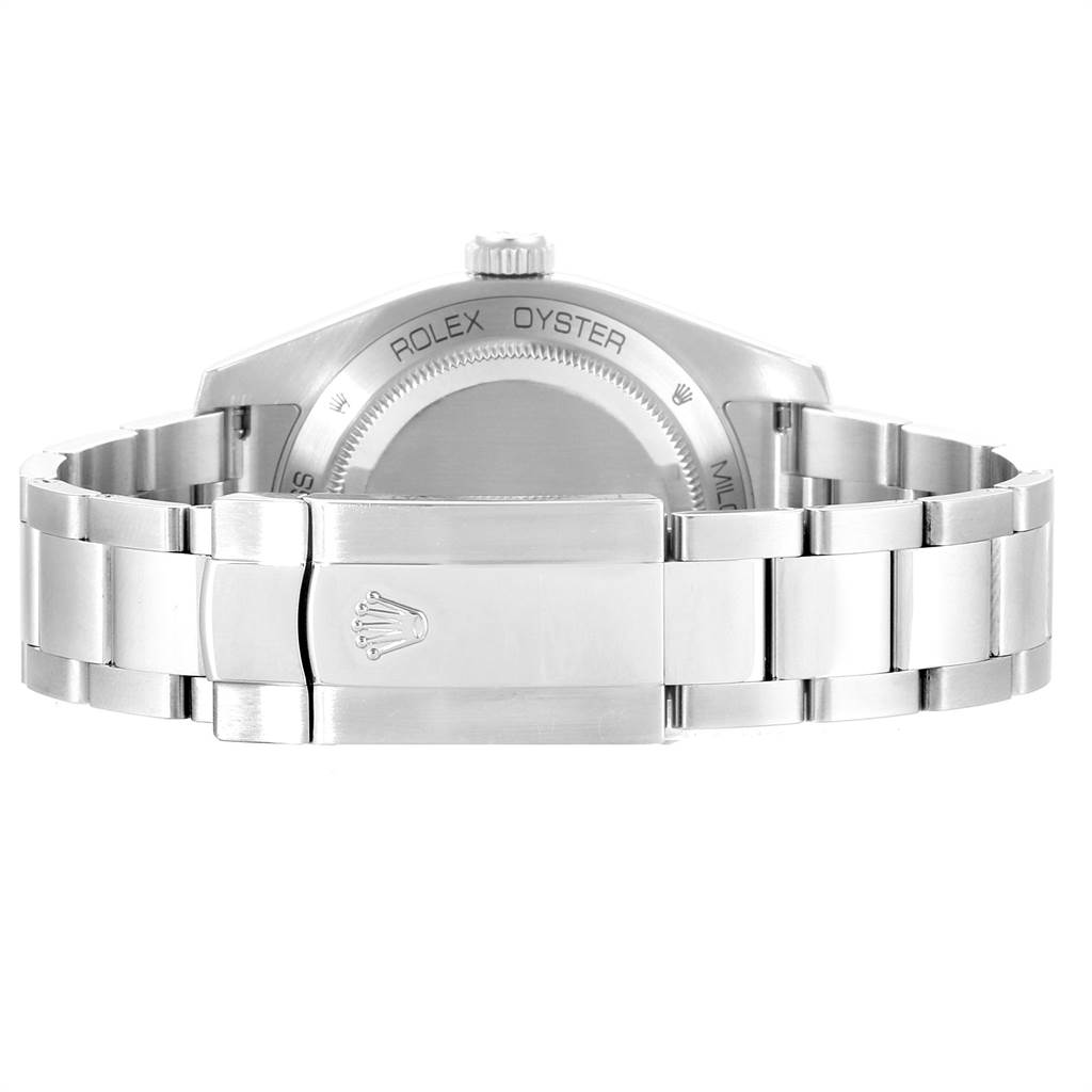 The image shows the back view of a Rolex Milgauss 116400GV Men's Stainless Steel Blue Dial 116400GV Men's Stainless Steel Blue Dial watch, focusing on the case back and the clasp of the bracelet.