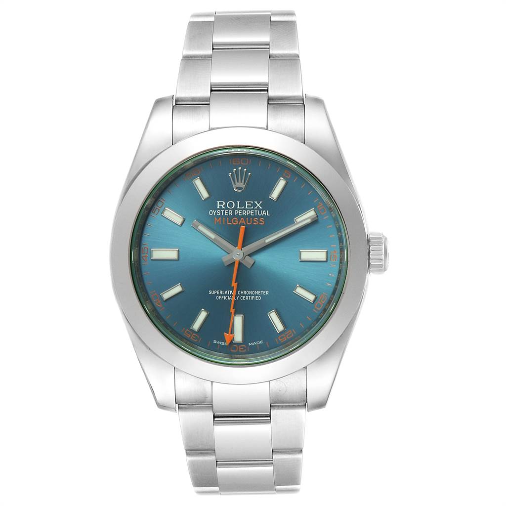 The image shows a front view of a Rolex Milgauss 116400GV Men's Stainless Steel Blue Dial 116400GV Men's Stainless Steel Blue Dial watch, displaying its face, bracelet, and crown.