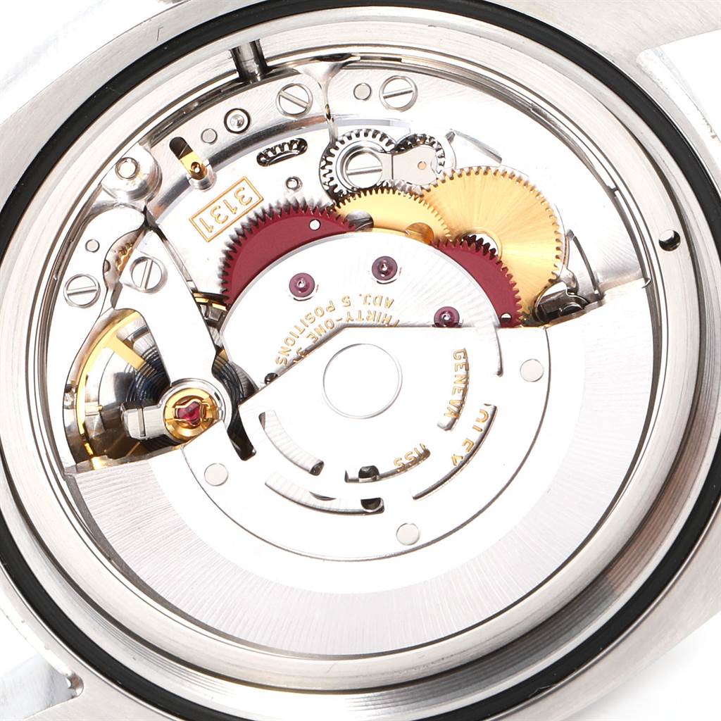 This image shows a close-up view of the movement mechanism inside a Rolex Milgauss 116400GV Men's Stainless Steel Blue Dial 116400GV Men's Stainless Steel Blue Dial watch.