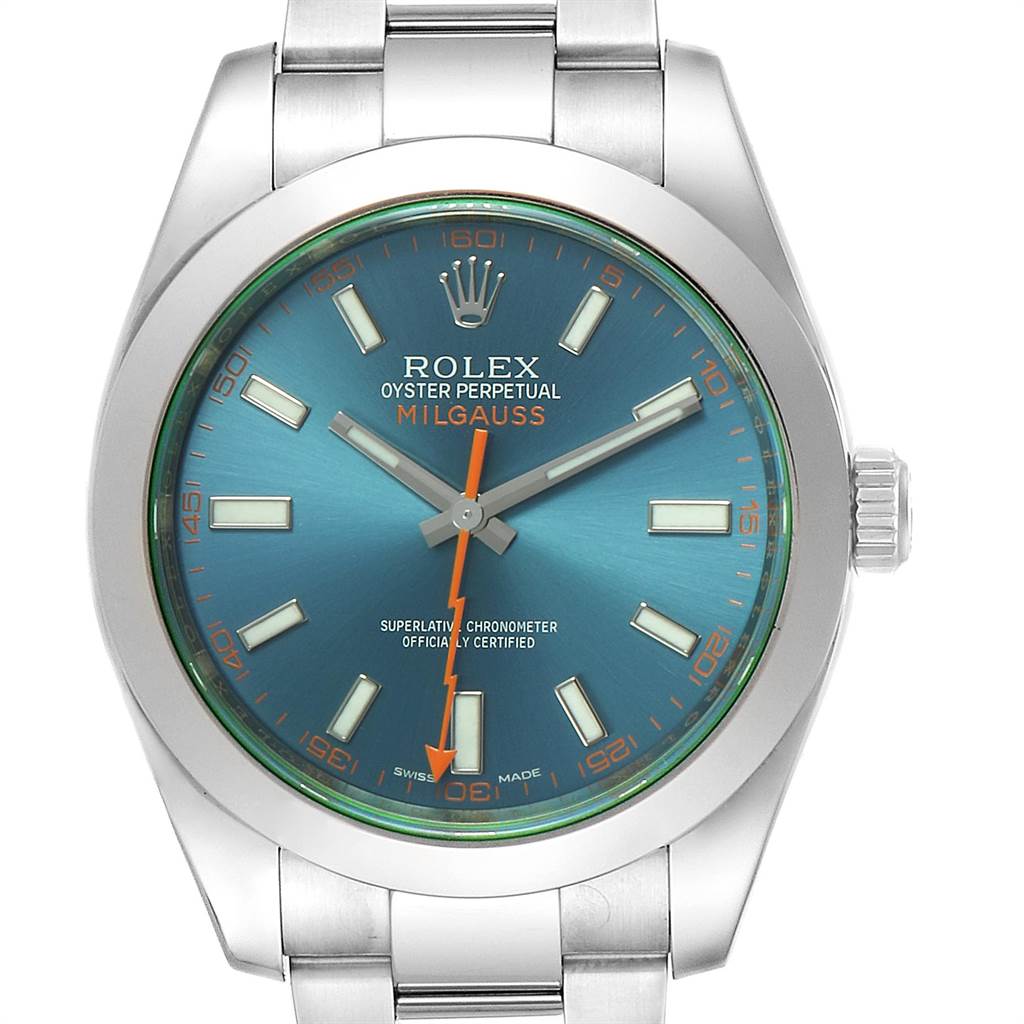The image shows a front view of a Rolex Milgauss 116400GV Men's Stainless Steel Blue Dial 116400GV Men's Stainless Steel Blue Dial watch, highlighting its face, hands, bracelet, and crown.