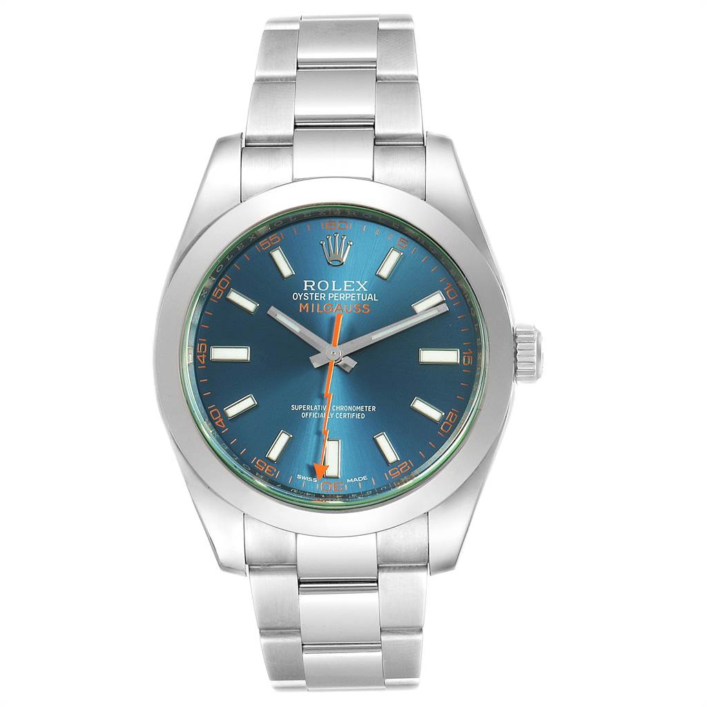 The image shows a front view of a Rolex Milgauss 116400GV Men's Stainless Steel Blue Dial 116400GV Men's Stainless Steel Blue Dial watch, highlighting its blue dial, stainless steel case, and bracelet.