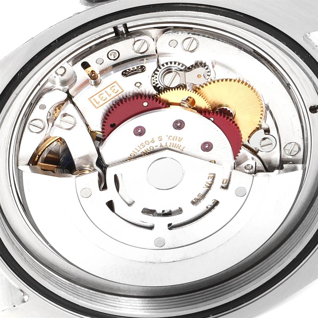 This image shows the detailed inner mechanical movement of the Rolex Milgauss 116400GV Men's Stainless Steel Blue Dial 116400GV Men's Stainless Steel Blue Dial watch from a close-up, top-down angle.